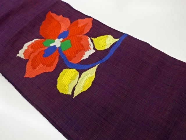 手織り紬抽象花葉模様織出し名古屋帯